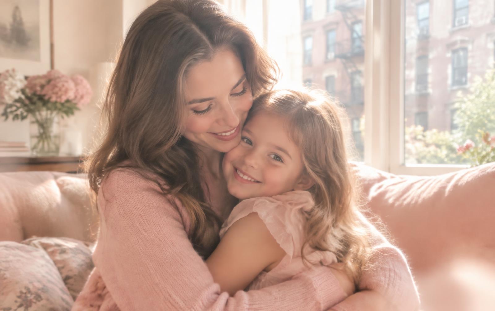 Mother hugging her daughter at home